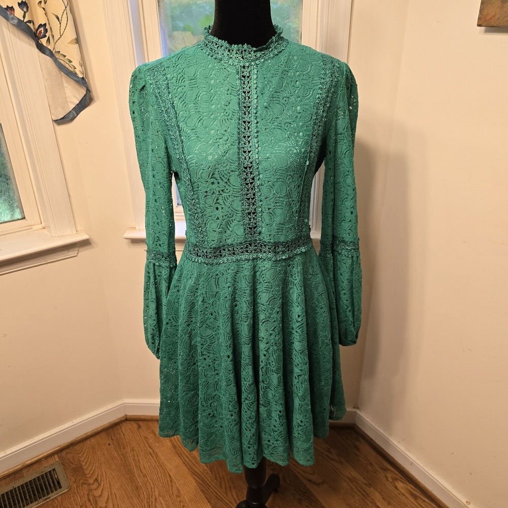 Pretty Little Thing Lace Mini Dress High Neck Long Sleeve Fit & Flare Green 10